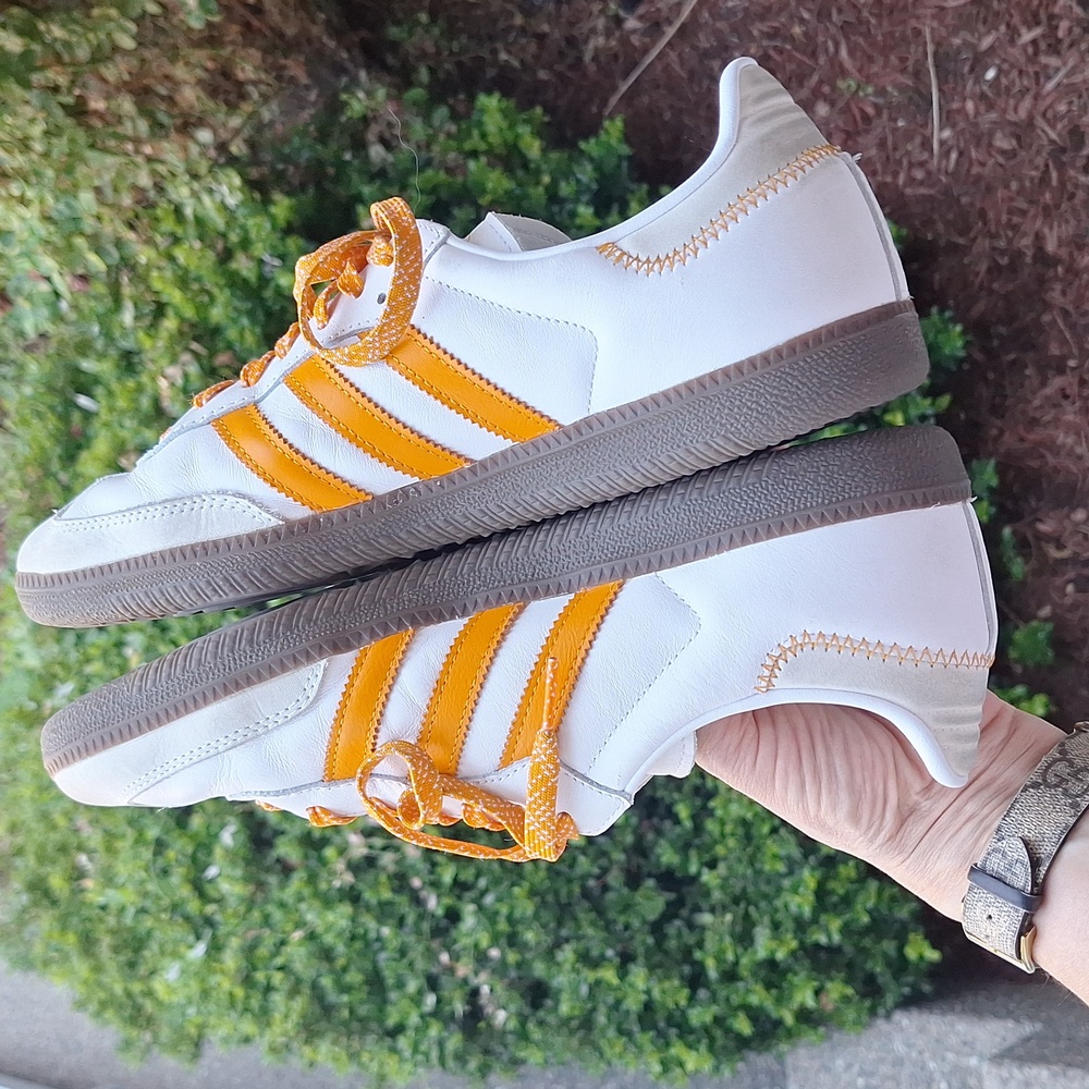 adidas Samba Sneakers White with Orange Stripes and Brown Sole - Picture 9 of 11